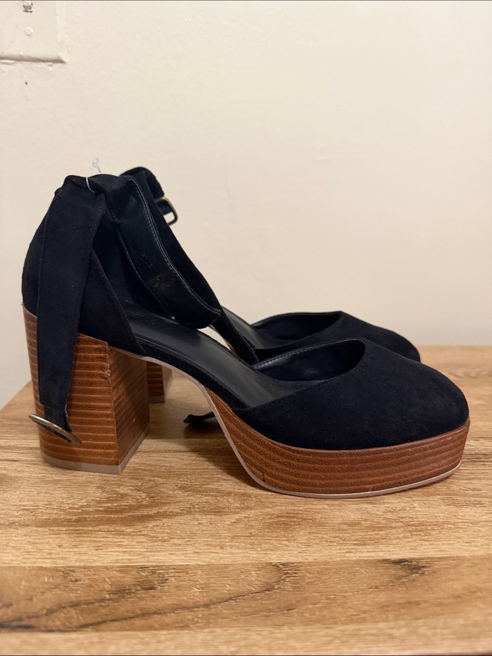 Black Suede Platform Block Heels with Ankle Wrap